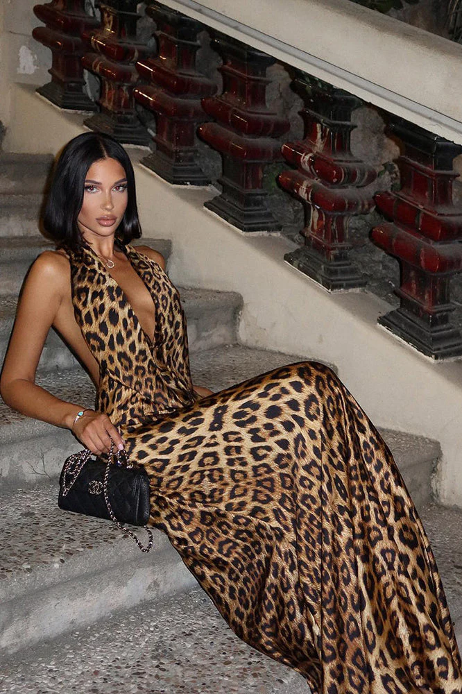 Sexy V Neck Leopard Tie Back Maxi Dress - Image 4