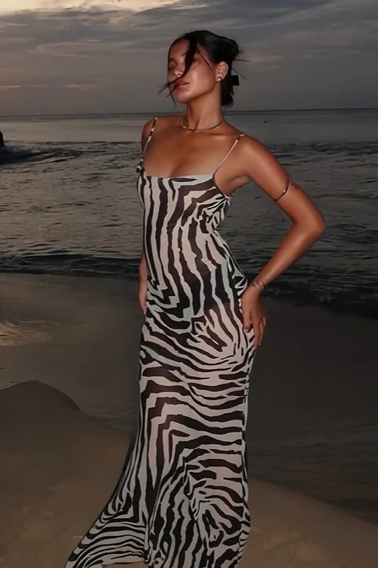 Tie Back Zebra Print Slim Fit Maxi Dress - Image 2