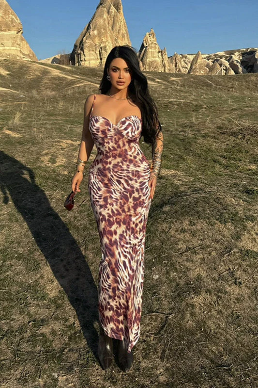 Deep V Animal Print Backless Cami Maxi Dress - Image 2