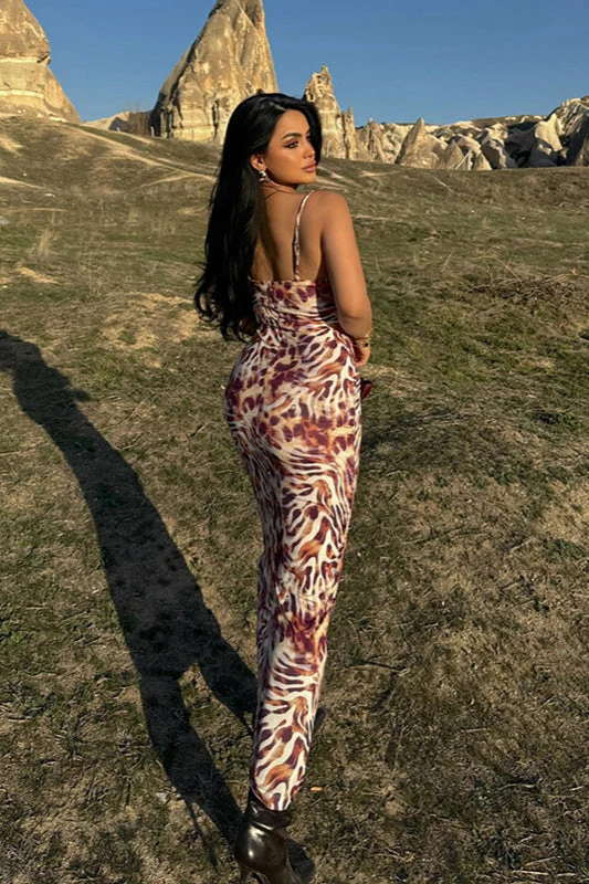 Deep V Animal Print Backless Cami Maxi Dress - Image 3