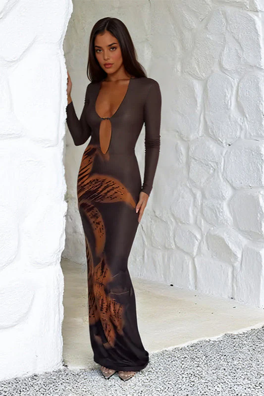 Deep V Cutout Print Long Sleeve Maxi Dress - Image 2