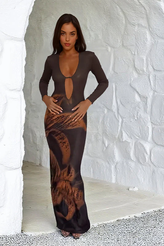 Deep V Cutout Print Long Sleeve Maxi Dress - Image 3