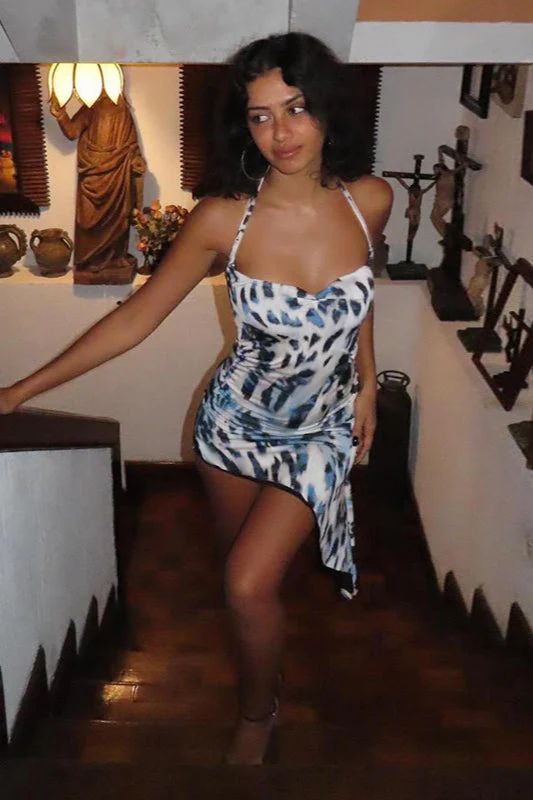 Asymmetrical Leopard Bodycon Halter Midi Dress - Image 4