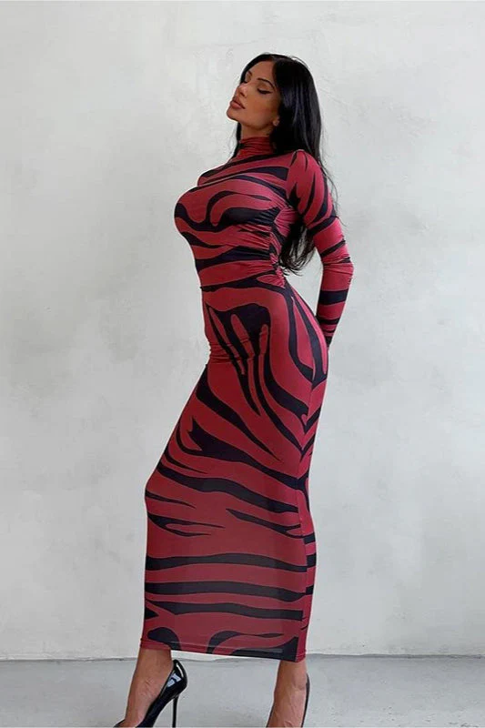 Animal Print Mock Neck Bodycon Maxi Dress - Image 2