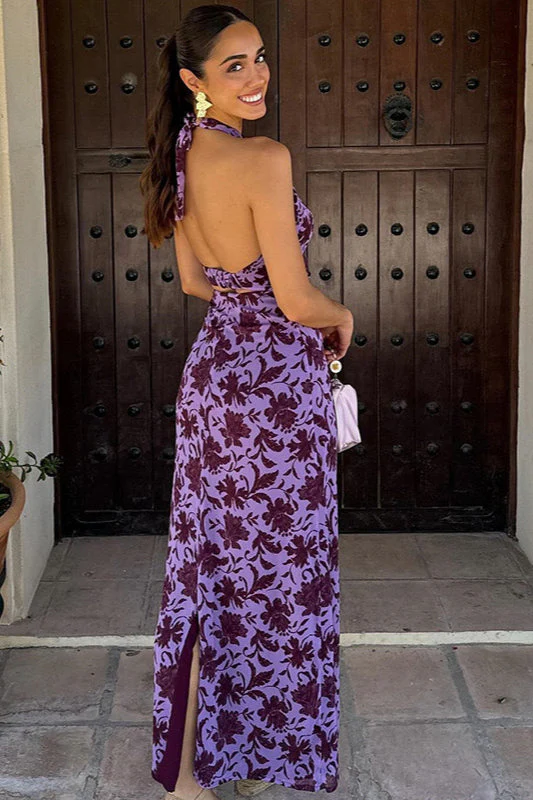 Backless Halter Print Slit Maxi Dress - Image 3
