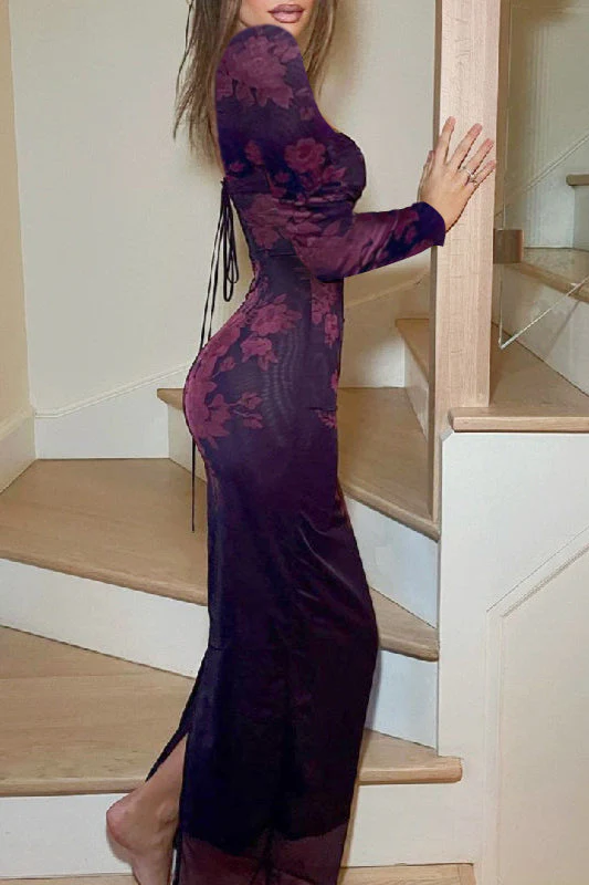 Vintage Print Lace Tie Slit Maxi Dress - Image 4