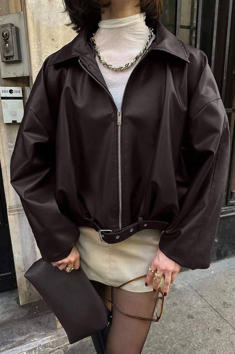 Brown Faux Leather Moto Jacket - Image 3