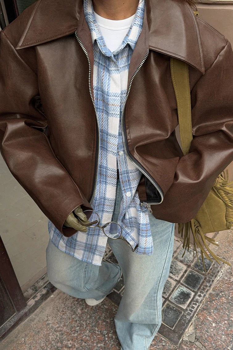 Brown Faux Leather Moto Jacket - Image 4