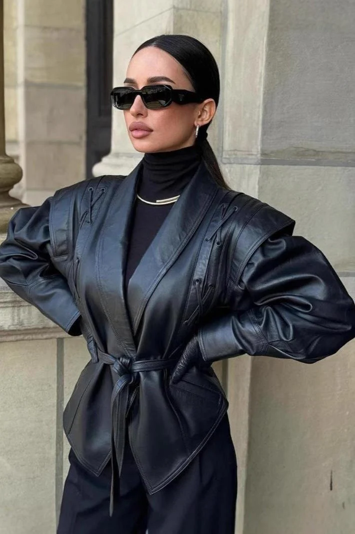 Vintage Belted PU Leather Jacket - Image 3