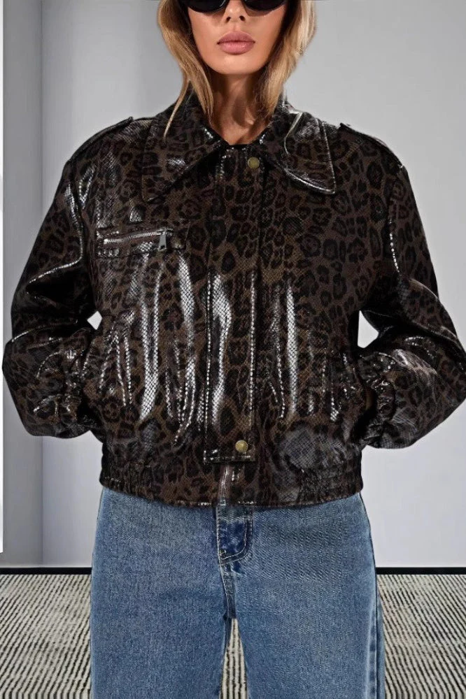 Vintage Leopard Trim PU Jacket - Image 3