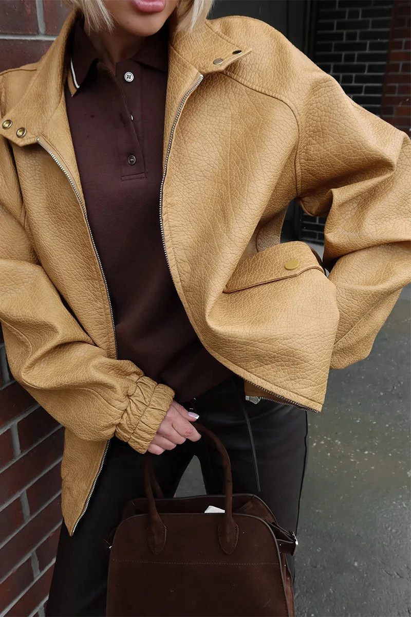 Vintage Stand Collar PU Leather Jacket - Image 2