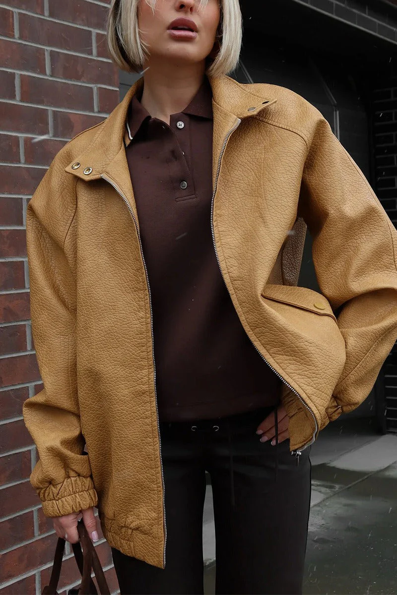 Vintage Stand Collar PU Leather Jacket - Image 3