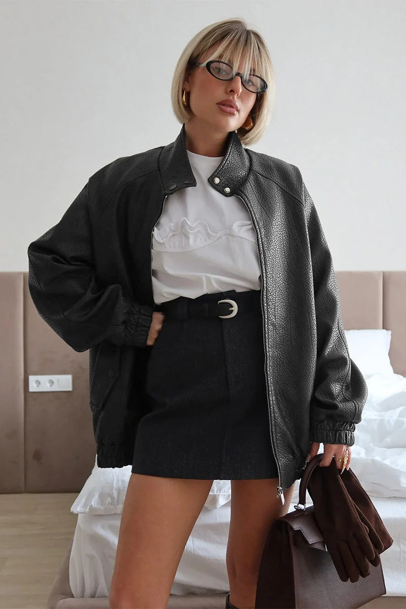 Vintage Stand Collar PU Leather Jacket - Image 4