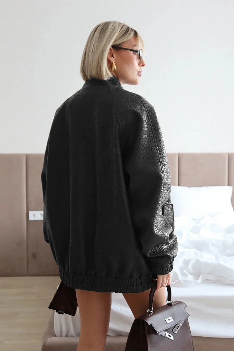 Vintage Stand Collar PU Leather Jacket - Image 6