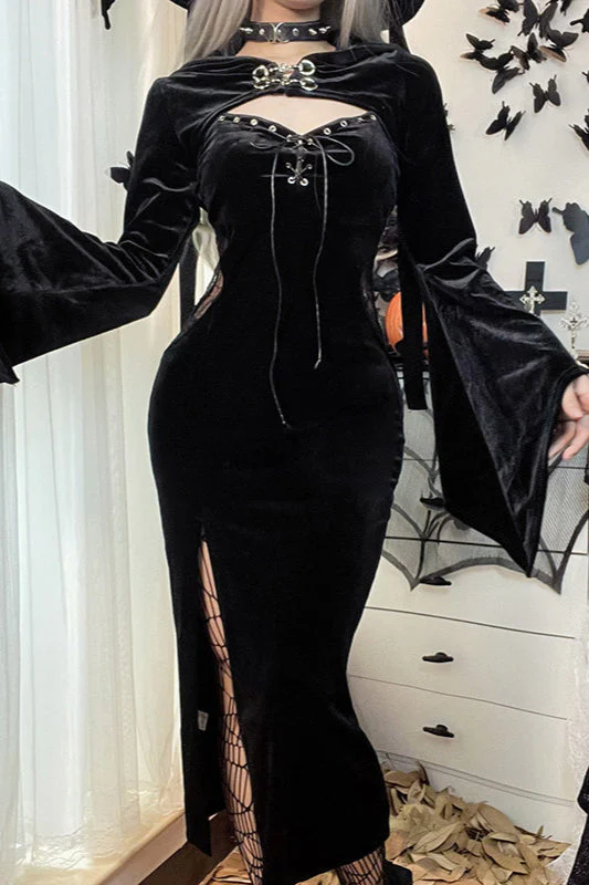 Dark Spiderweb Hooded Flare Gothic Dress - Image 2