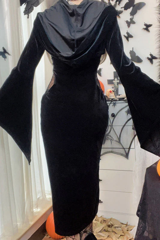 Dark Spiderweb Hooded Flare Gothic Dress - Image 3