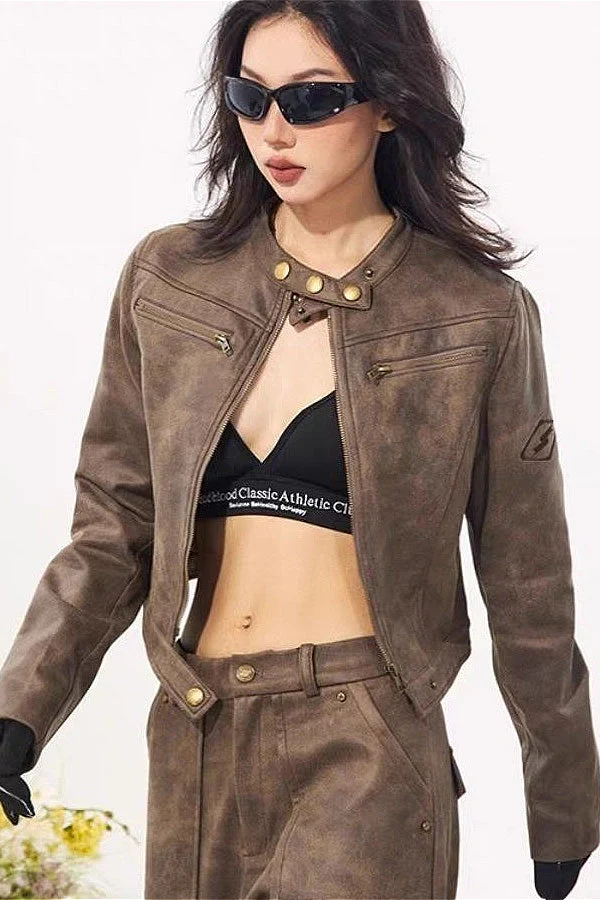 Vintage Stand Collar Suede Jacket - Image 2
