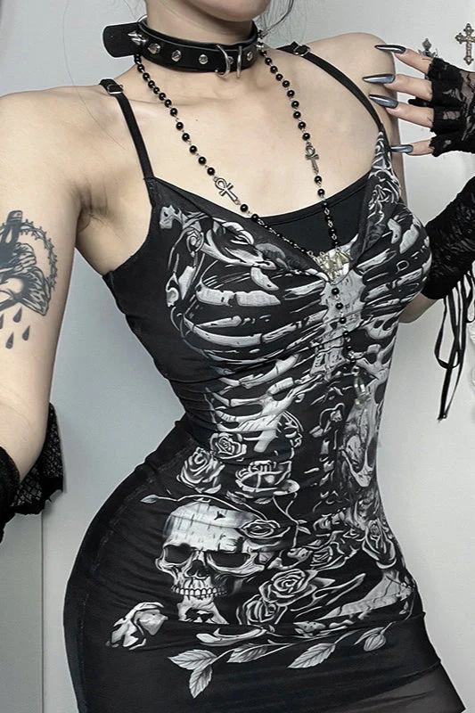 Skull Rose Cowl Gothic Dress - Image 3