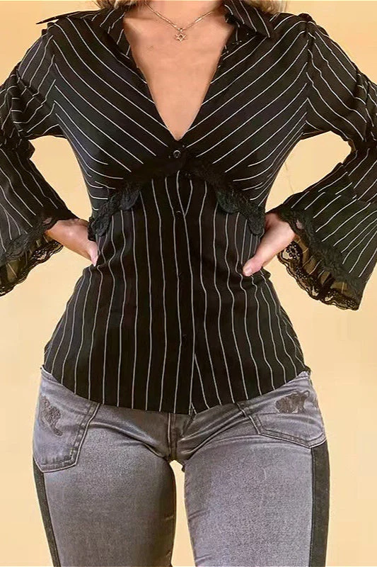 Vintage Striped Lace Contrast Blouse - Image 2