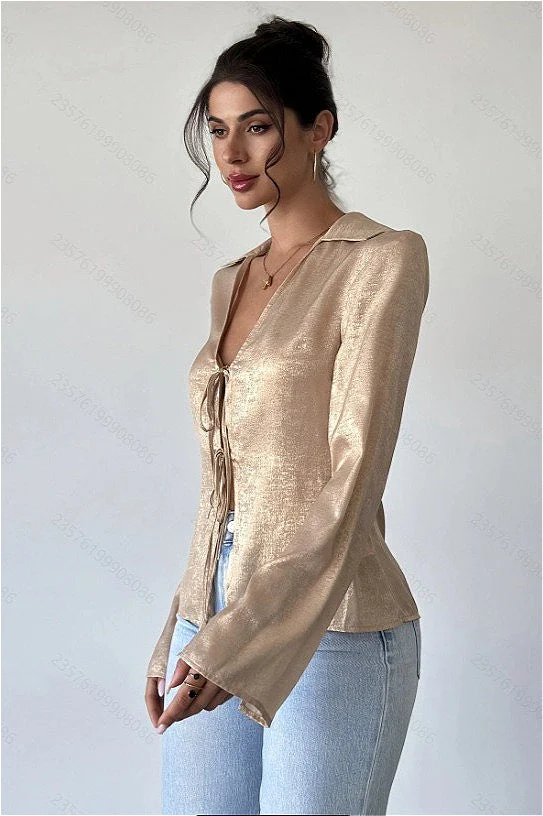 Vintage Long Sleeve V Neck Blouse - Image 2
