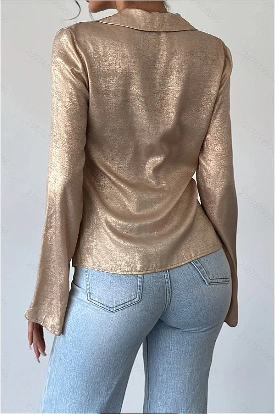 Vintage Long Sleeve V Neck Blouse - Image 3