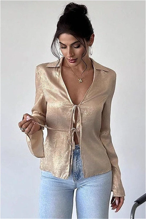 Vintage Long Sleeve V Neck Blouse - Image 4