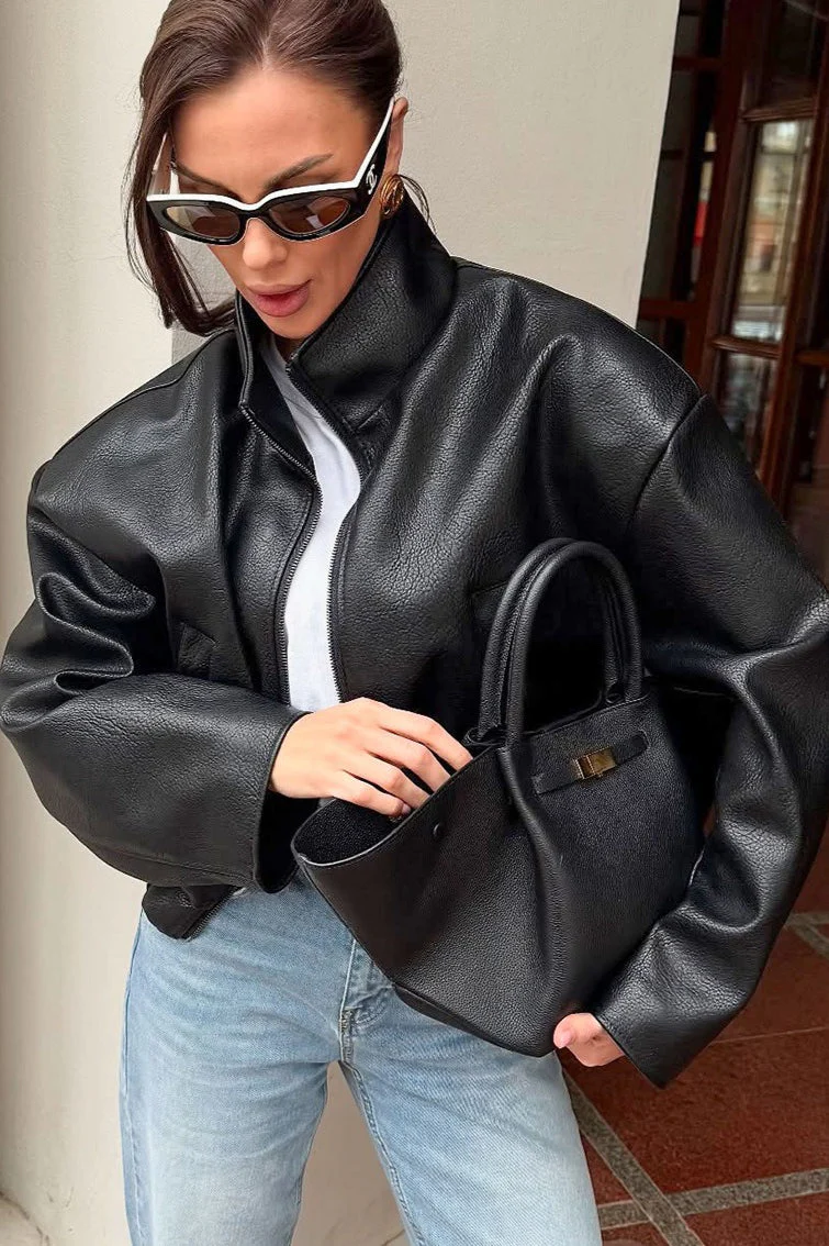 Elegant Black PU Leather Jacket - Image 2