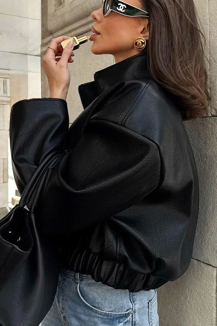 Elegant Black PU Leather Jacket - Image 3