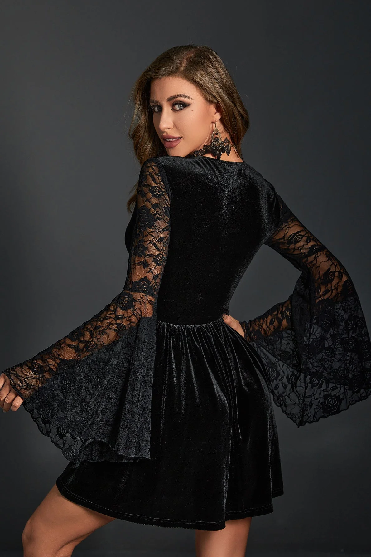 Velvet Lace-Up Gothic Dress - Image 3