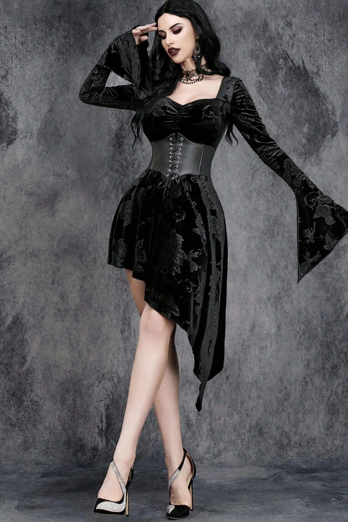 V-Neck Flare Sleeve Gothic Dress - Image 3