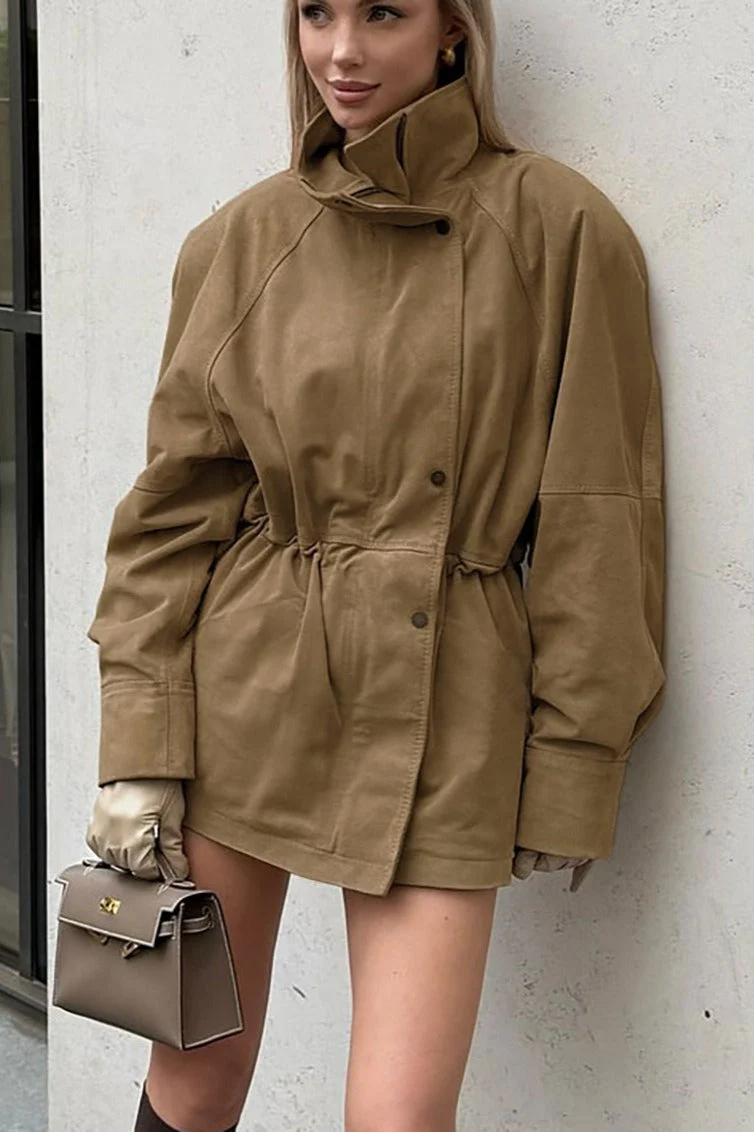 High Neck Cinched Waist Suede Jacket - Image 2
