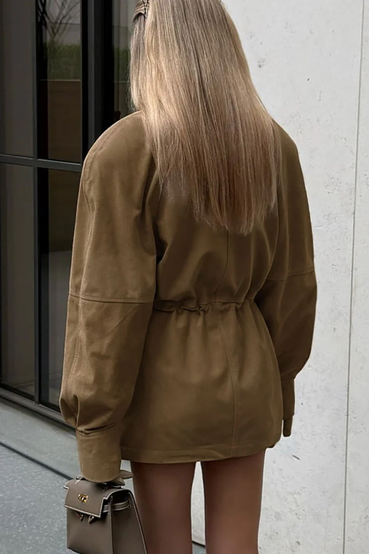 High Neck Cinched Waist Suede Jacket - Image 3