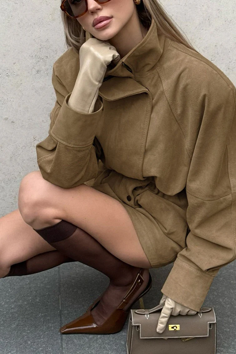 High Neck Cinched Waist Suede Jacket - Image 4