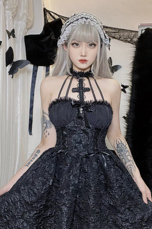 Solid Halter Puff Gothic Dress - Image 3