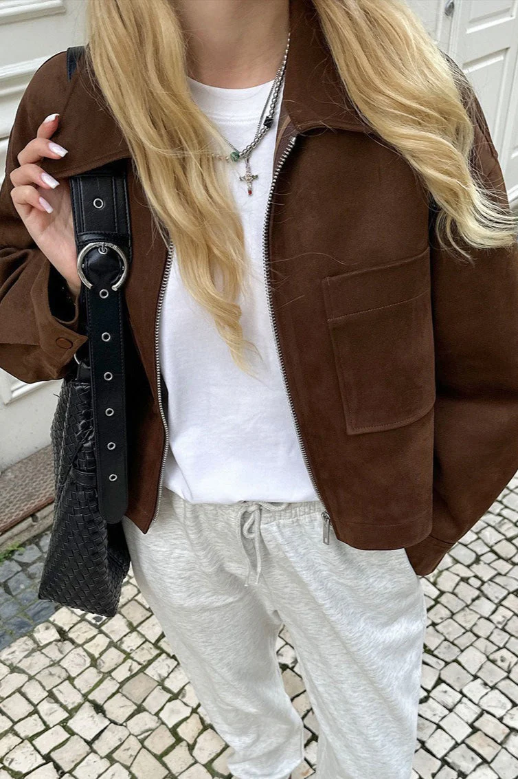 Collared Zipper Faux Suede Jacket - Image 2
