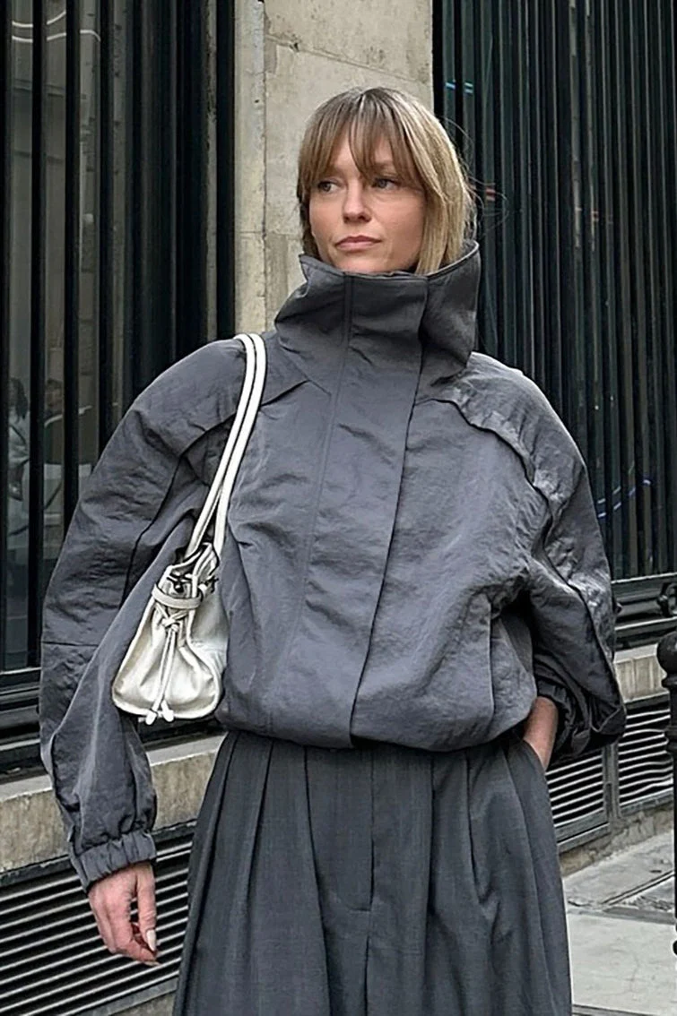 Casual Gray High Neck Jacket - Image 2