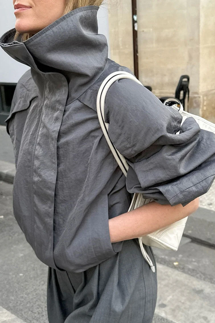 Casual Gray High Neck Jacket - Image 3