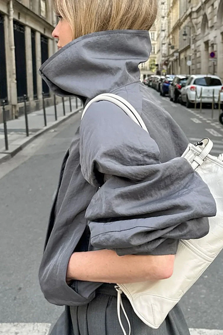 Casual Gray High Neck Jacket - Image 4