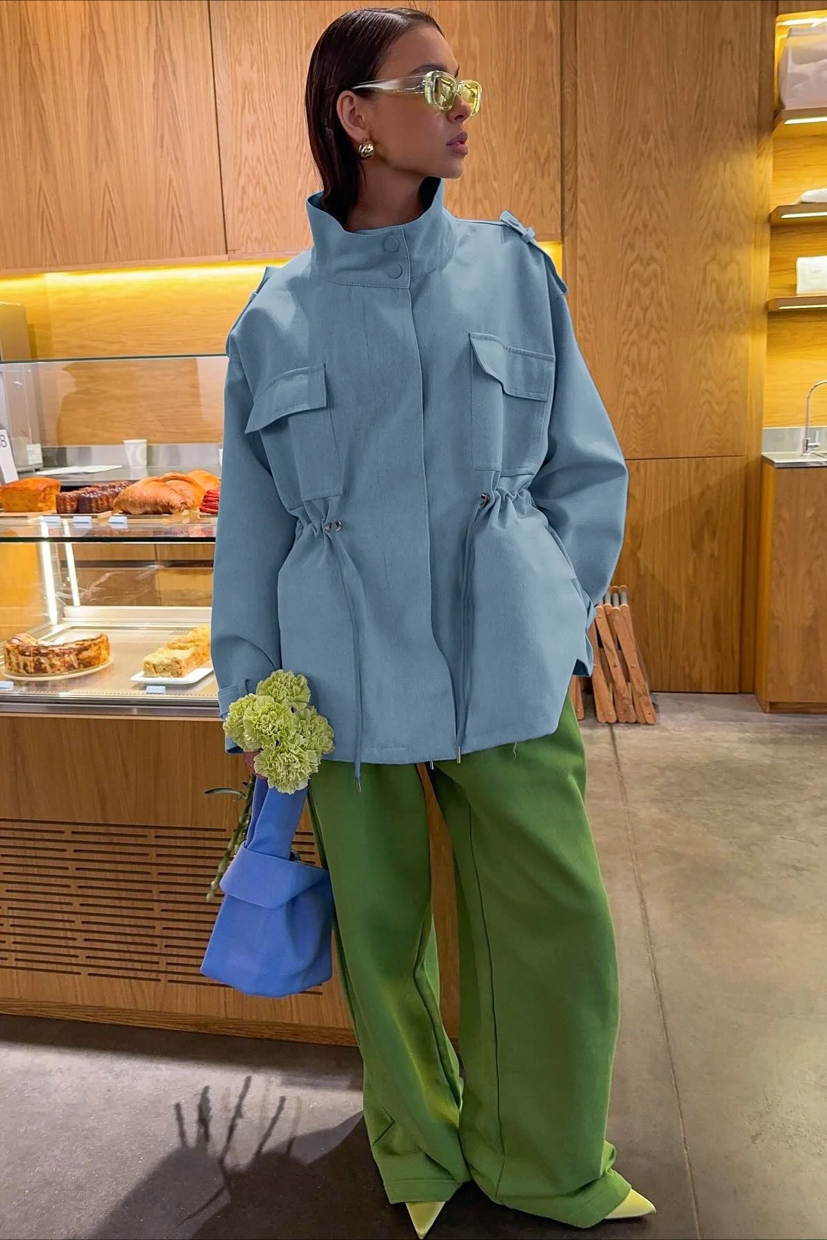 High Neck Cinched Waist Cotton Jacket - Image 4