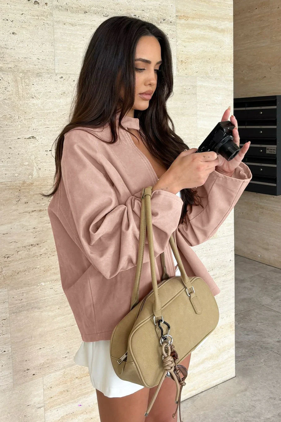 Stand Collar Suede Long Sleeve Jacket - Image 2