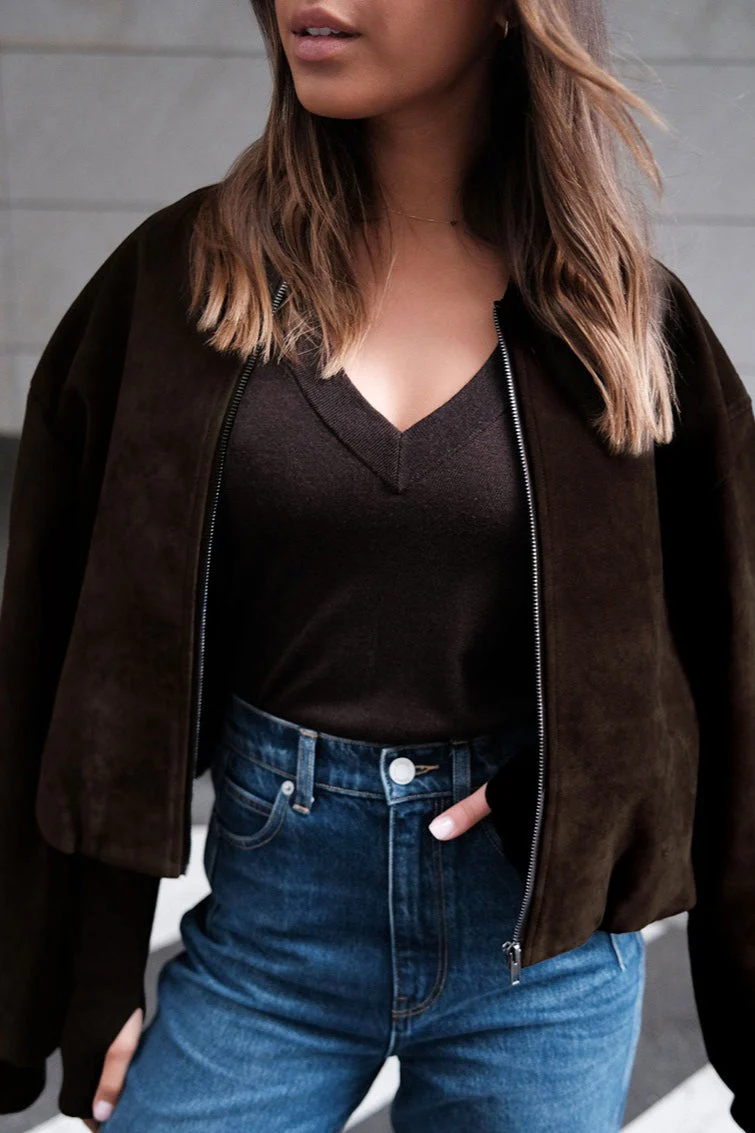 Oversized Faux Suede Bomber Jacket - Image 2