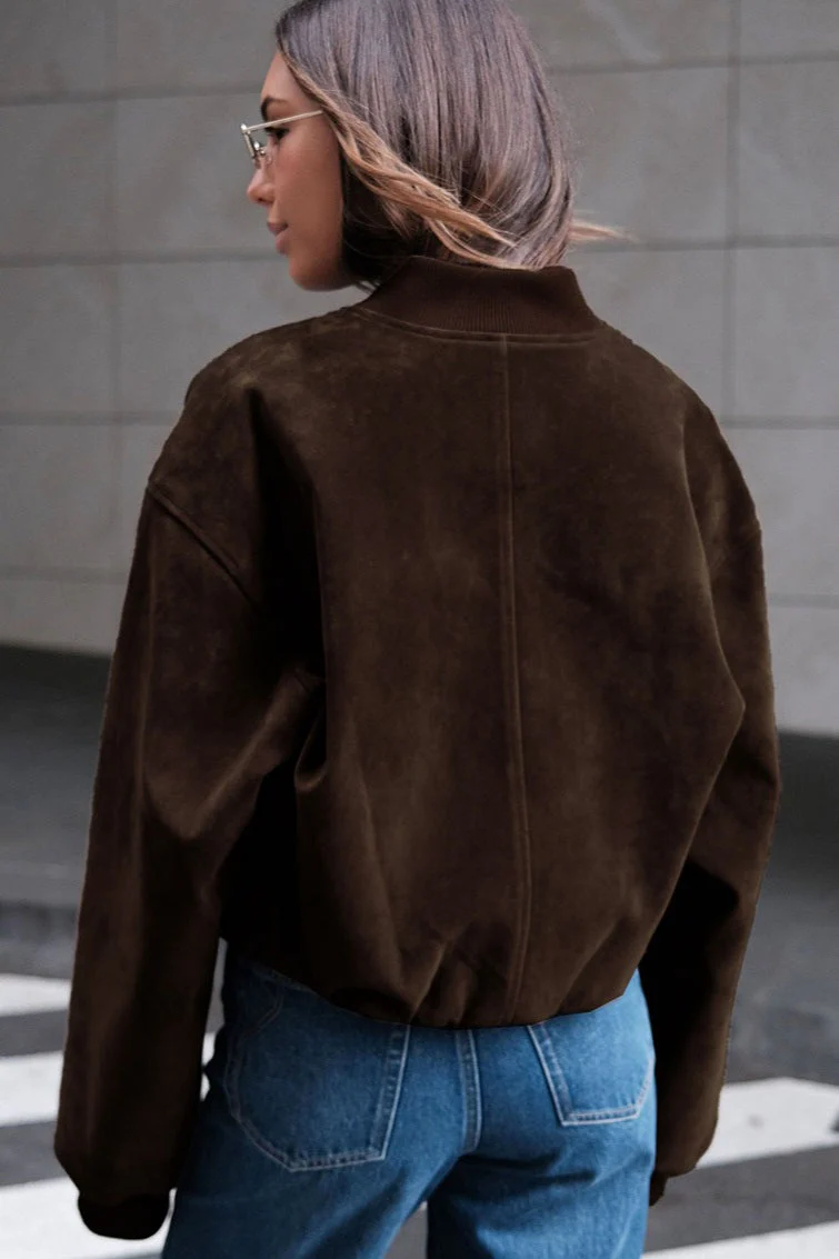 Oversized Faux Suede Bomber Jacket - Image 3