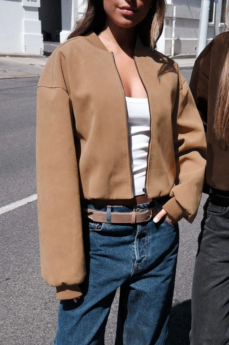 Oversized Faux Suede Bomber Jacket - Image 4