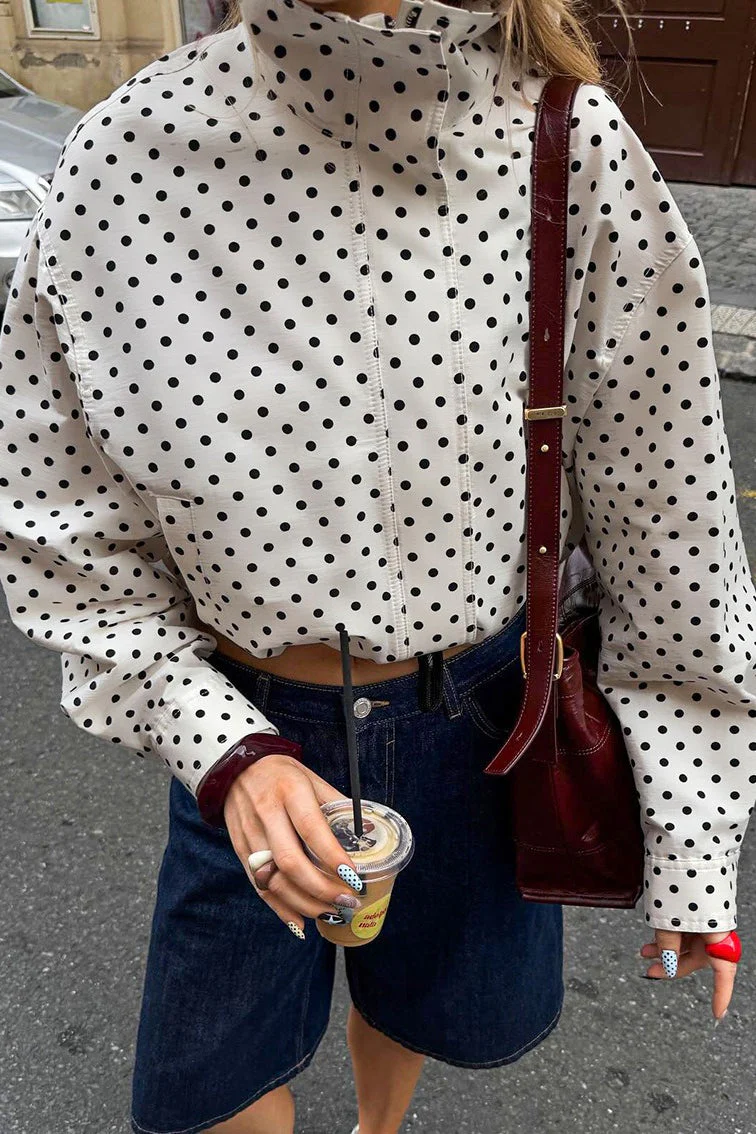 Polka Dot Drawstring Bomber Jacket - Image 3