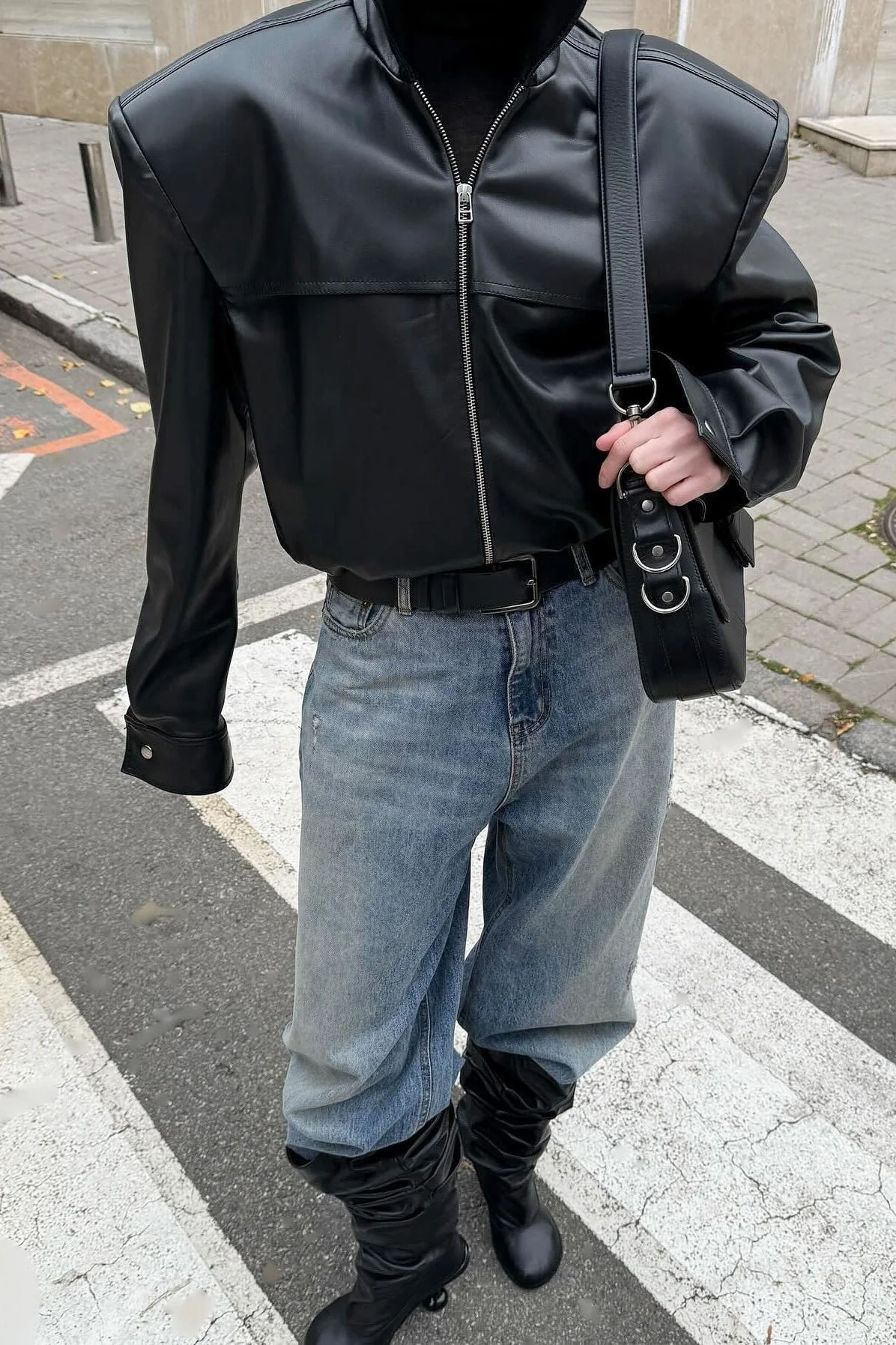 High Neck Leather Moto Jacket - Image 2