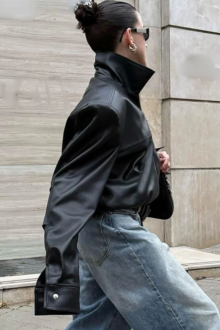 High Neck Leather Moto Jacket - Image 3