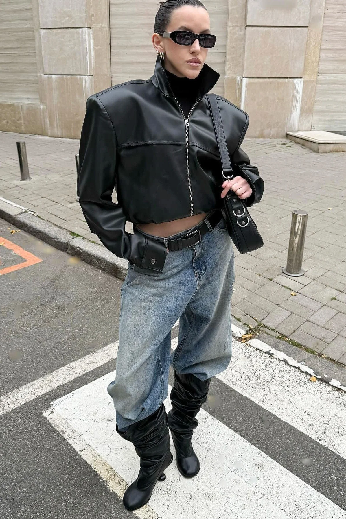 High Neck Leather Moto Jacket - Image 4