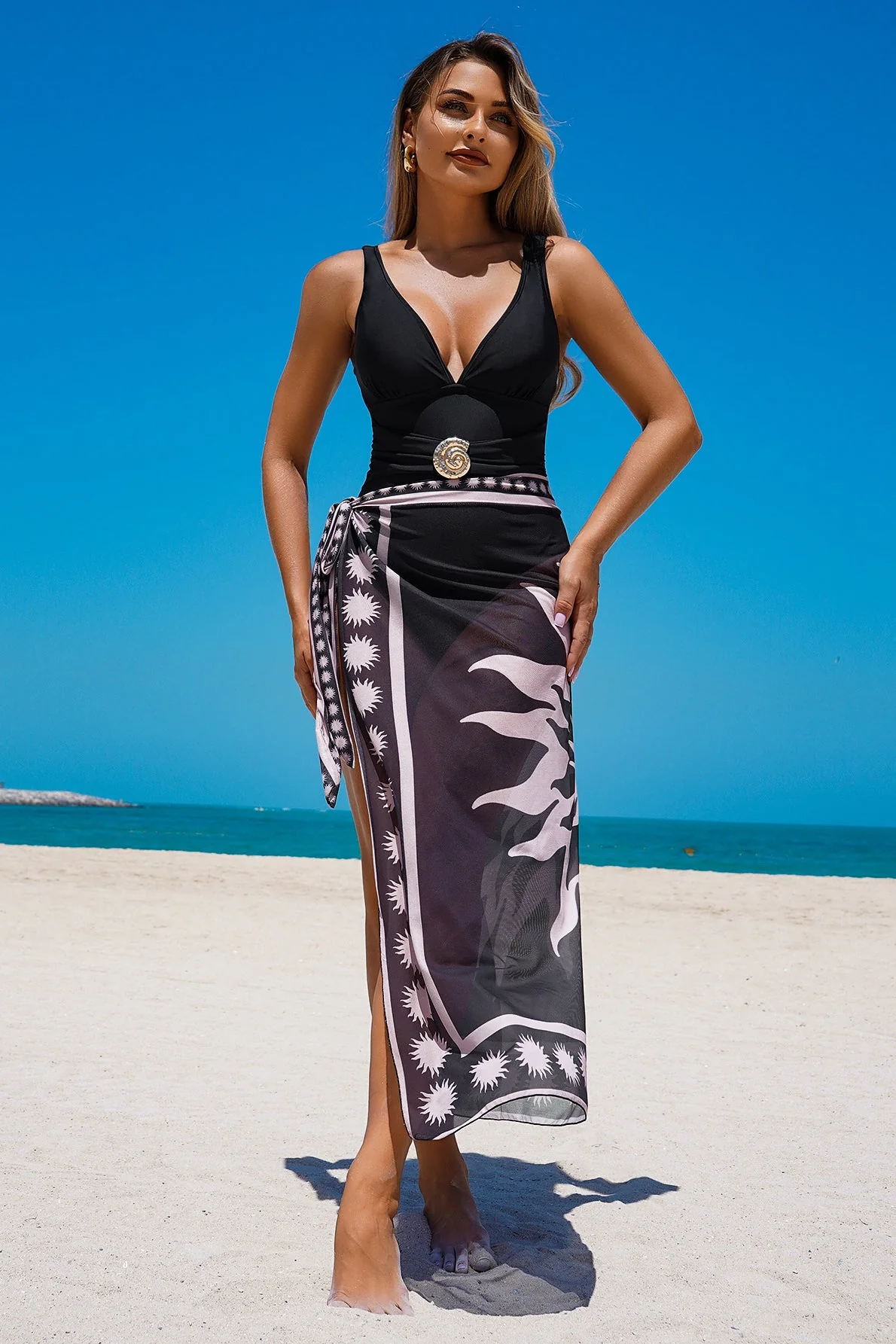 Printed Swimsuit with Wrap Skirt Three Piece Swim Set - Image 2
