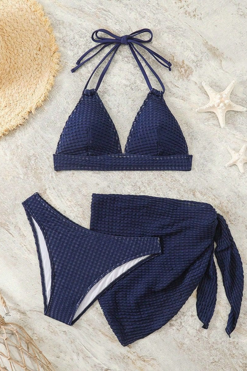 Solid Backless Bikini Three Piece Swim Set - Image 4