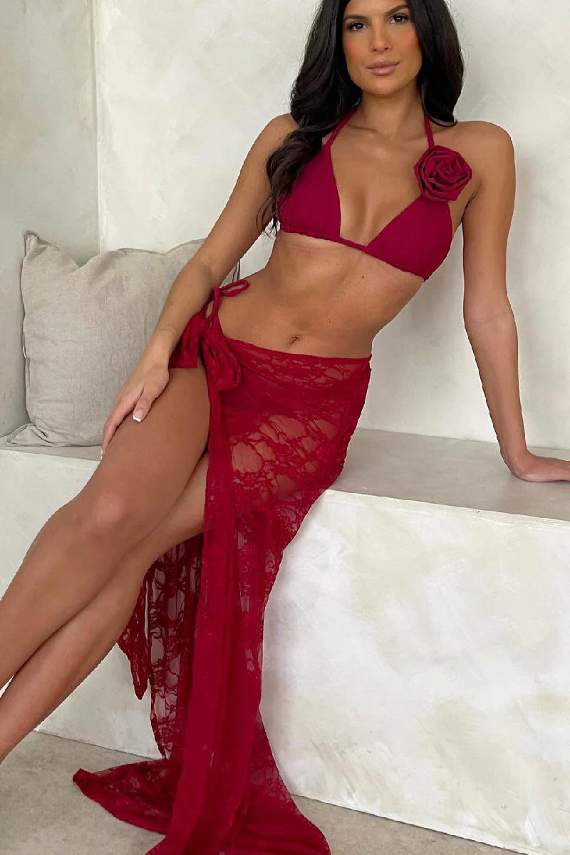 Solid String Bikini Three Piece Swim Set - Image 3